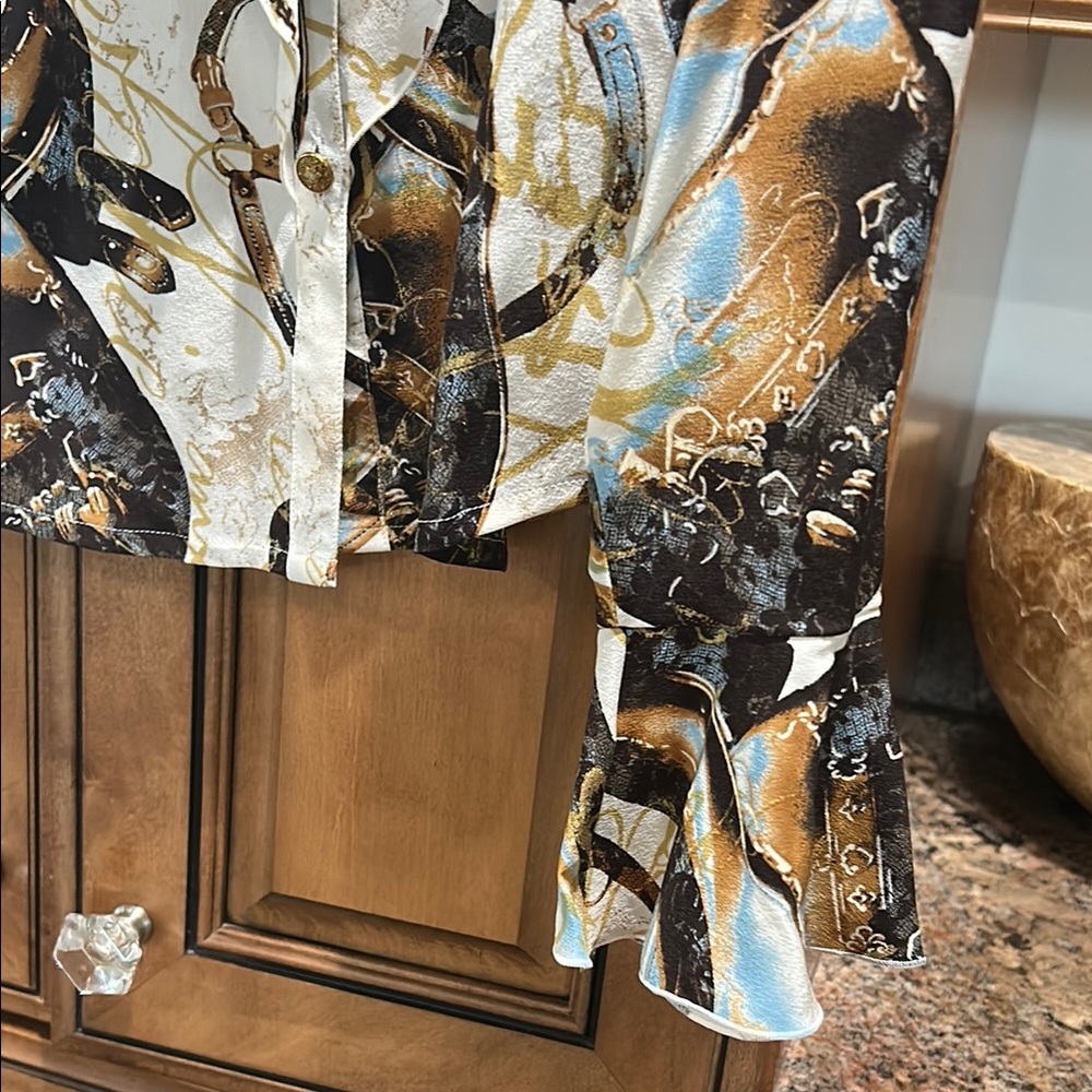 Escada Multicolor Abstract button down blouse with ruffle details. Size 44/L - Picture 7 of 10